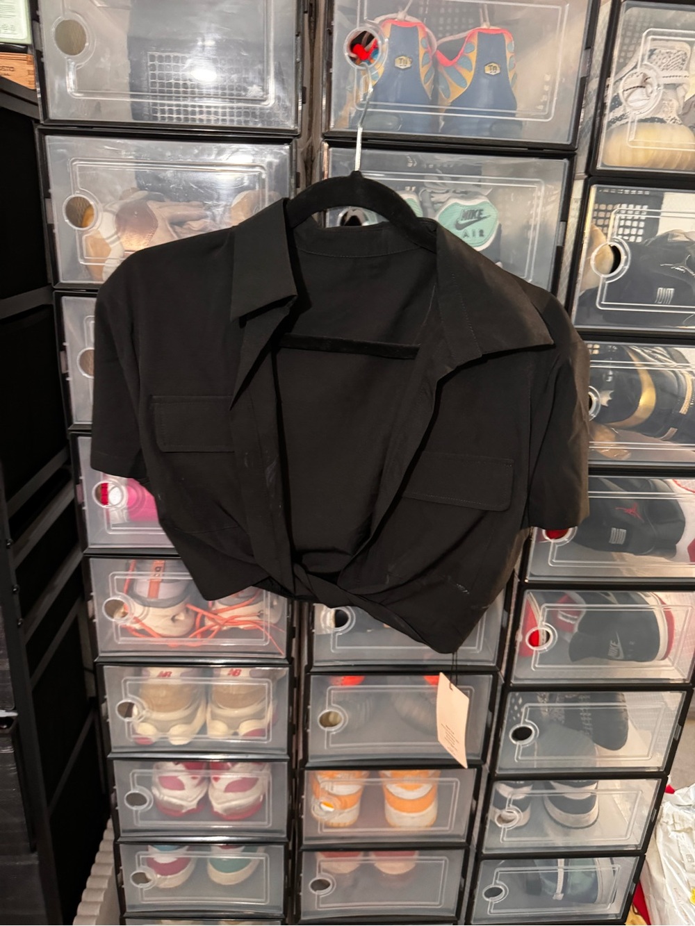 SHEIN Black Cropped Short Sleeve Button-Up Top